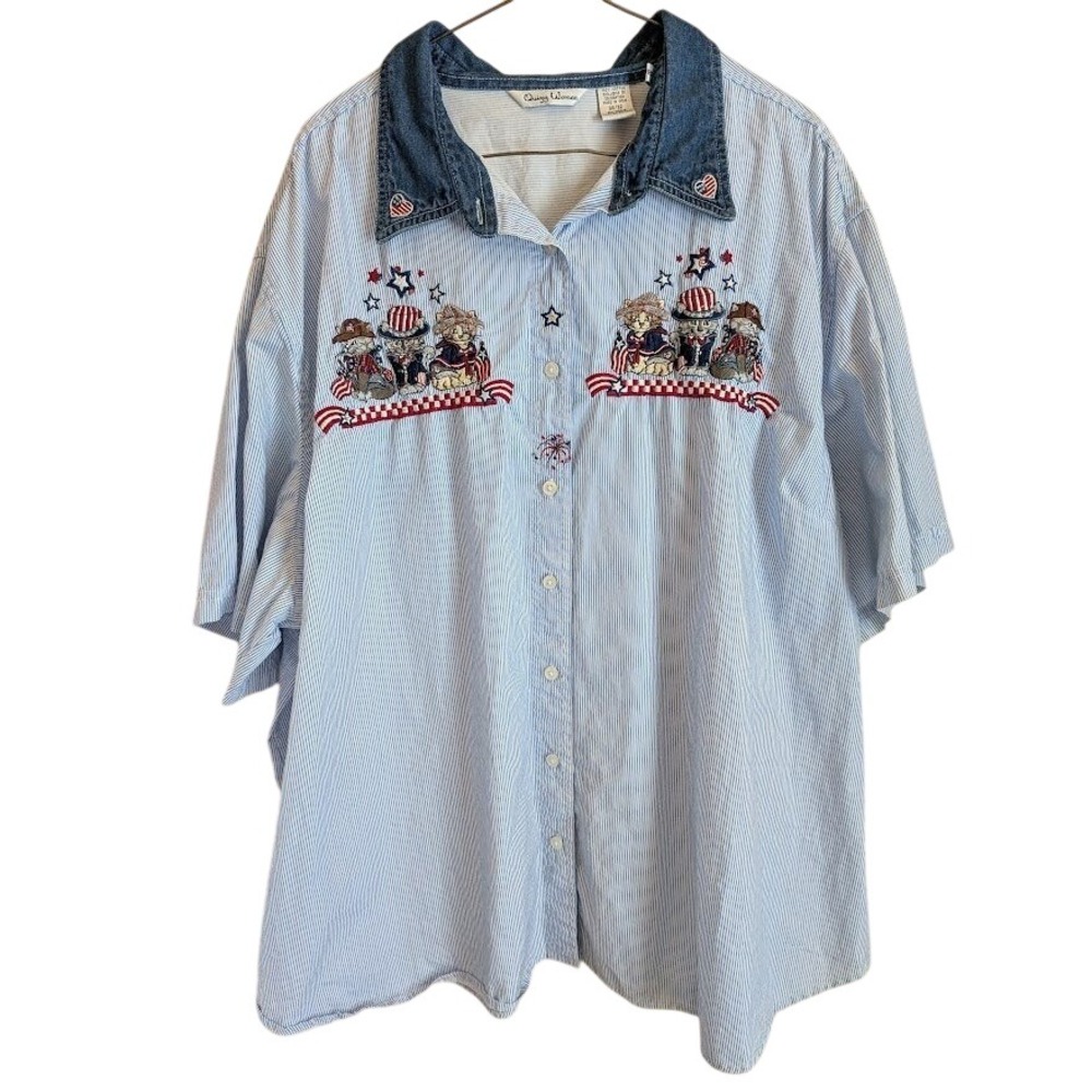 Vintage Quizz Shirt 30/32 Embroidered Cat Kitten Patriotic Americana 4th July